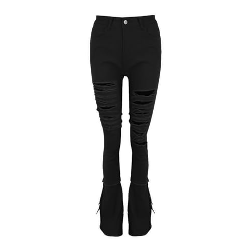Generisch Pantalones vaqueros de color liso para mujer con botones y borlas acanaladas en la cintura. Pantalones vaqueros para hombre 32/30, Negro , XL
