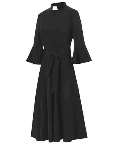 Women's Bell Sleeve Church Dress Clergy Midi Dress Tab Insert Collar Priestess Dress2