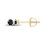 14K Yellow Gold Plated Sterling Silver 3mm Round Natural Black Onyx Birthstone Screwback Stud Earrings
