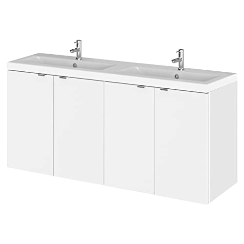Hudson Reed CBI133A Fusion Modern Bathroom 4 Door Wall Hung Vanity Unit and Full Depth Double Ceramic Basin, 1200mm, Gloss White