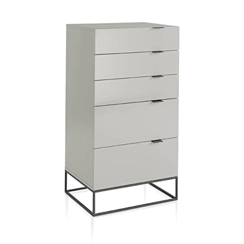 Angel Cerdá - Chiffonnier en MDF Laqué Gris Perle Brillant - Commode Étroit et Haute avec 5 Tiroirs et Fermeture Retardée - Pieds en Acier Noir - 60 x 45 x...