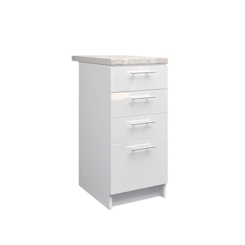 JD Greta Fixed Height 400mm Kitchen Drawer Base Cabinet Floor Unit with 38mm Worktop – White Gloss