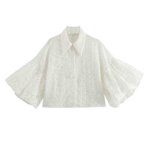 Camisa de Jacquard Blanca con Manga abullonada y Costura de Solapa para Mujer de Verano - Blanco - XS