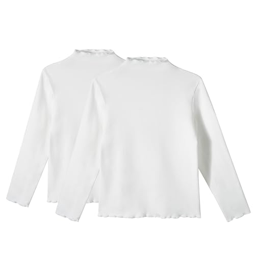 Miipat - Miipat 2 Pack Girls Long Sleeve Turtleneck Shirts Stretchy Pullover Blouse Tops Solid Kids Undershirts(Whitewhite 120 5-6 Years)