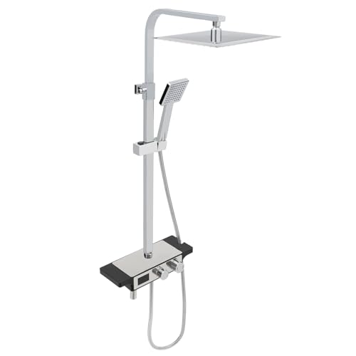 Duschsystem Mit Thermostat Duscharmatur Regendusche Duschset Handbrause Chrome Und Glasablage Chrom Komplettset Armatur Quadratisch Duschgarnitur Edelstahl Duschkopf DuschsäUle Eckig Regenbrause