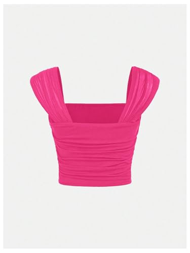 OYOANGLE Girl's Square Neck Ruched Crop Tank Top Slim Fitted Wide Strap Sleeveless Tops2