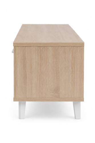 Image of Kumo Engineered Wood TV Unit for Living Room | Modern Entertainment Center with 2 Door Cabinets & Open Storage Shelves | TV Stand for Up to 75 Inch Television | Oak & White Finish | 1800 mm