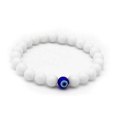 The Extra Stylewell Stretchable Elastic White 8mm Moti Beads/Stone Evil Eye Nazar Suraksha Kavach Freindship Wrist Band Cuff Bracelet