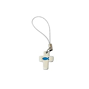 Mobiele telefoon hanger zinklegering kruis met blauwe vis hanger ca. 2 5 x 1 5 cm totale lengte ca. 4 cm
