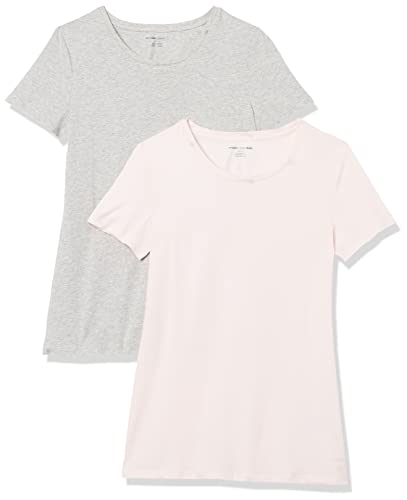 Amazon Essentials Camiseta de Manga Corta y Corte Estándar (Opciones de Cuello Redondo y Cuello en V) Mujer, Pack of 2, Gris Claro Mezcla/Rosa Claro, M