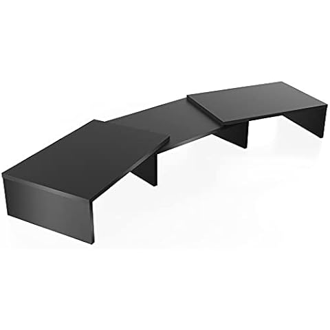 FITUEYES Dual Monitor Stand Wood PC Laptop Computer Screen Riser, 3 Shelf Swivel Length Adjustable, Home Office Supplies, Desk Organzier, Max Load 25kg, Black Cover