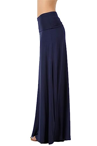 ShezPretty Women's Premium Fold Over High Waist Long Floor Length Maxi Skirt (Large, Navy)