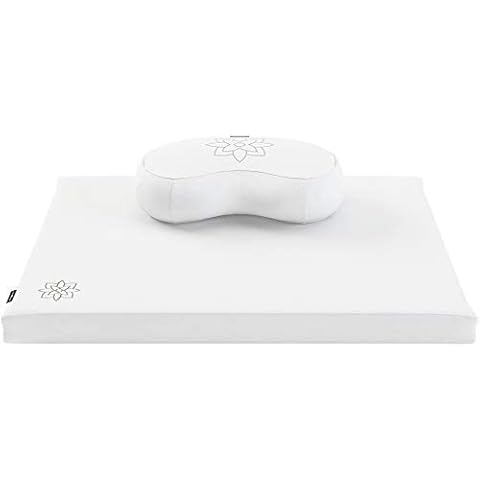 Mindful Modern Meditation Cushion & Zabuton Meditation Mat Bundle - 100% Cotton Meditation Cushion Set for Yoga - Buckwheat Crescent Shaped Zafu Floor Pillow Rectangular Mat - Classic White Color Cover