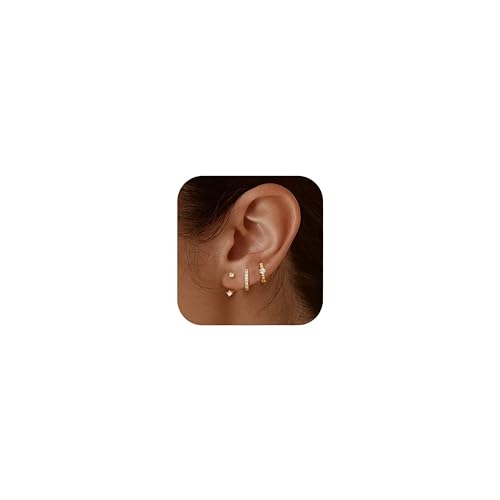 JeweBella 3 Paires Boucles d'oreilles Argent 925 pour Femme Plaquée Or 14 Carats Petites Clou d'Oreilles Mini Boucles d'Oreilles Créoles pour Plusieurs...