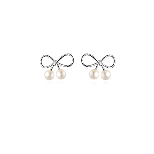 Reffeer Solid 925 Sterling Silver Bow Stud Earrings Ribbon for Women Teen Girls Bowknot Stud Earrings Pearls