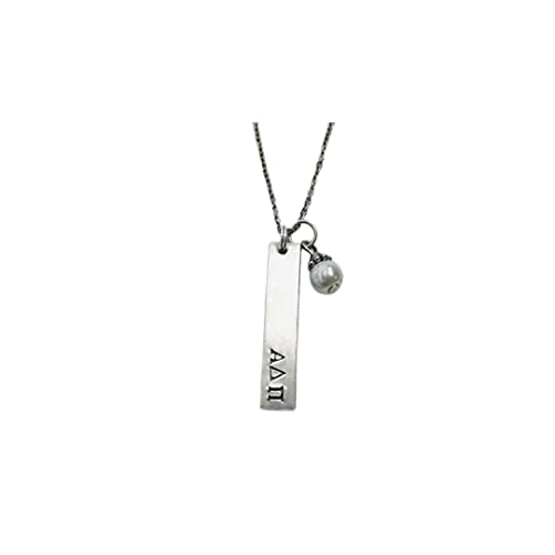 Alpha Delta Pi ADPi Bar Pendant with glass pearl dangle, Sorority Greek Necklaces, comes on an 18 inch stainless steel link necklace with lobster claw Alpha Delta Pi ADPi Bar Pendant with glass pearl dangle, Sorority Greek Necklaces, comes on an 18 inch stainless steel link necklace with lobster claw