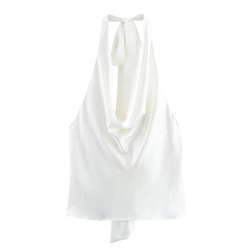 CORIRESHA Women's Elegant Satin Tie Back Cowl Neck Sleeveless Silk Backless Tank Top