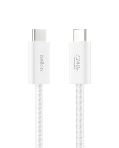 Belkin Braided USB-C to USB-C Cable (1M, 240W) - Soft, Flexible Fast-Charging Cable, Type C Charger Cord for iPhone 16 & 15 Series, Galaxy S25, Pixel 9, iPad Pro, & More - White (USB 2.0)