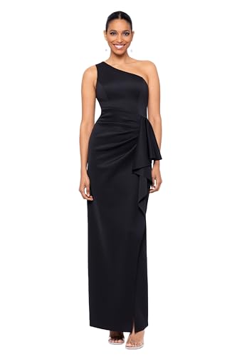 Xscape Women's Long Stretch Scuba Sleeveless One Shoulder Side Ruffle Dress
