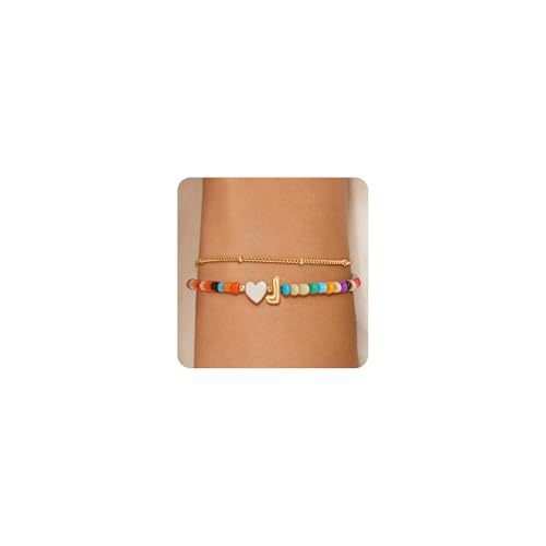 Image of Eaciy Colorful Initial Bracelets for Women Girls - 14K Gold Plated Heart Initial Letter Daint A-Z Charm Bracelet Summer Jewelry Teen Girl Gifts for Teen Kids