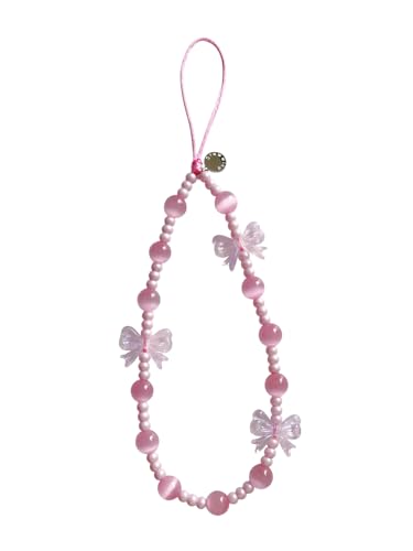 Drawwind Phone Charm Cute Cell Phone Charms Strap Beaded Phone Charm String Handmade Phone Wrist Strap Y2K Aesthetic Lanyard Wristlet Chain for Phone Case Cameras AirPods Bags (Pink Bow)
