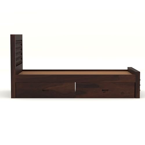 Image of Solid Sheesham Wood Single Size Bed with 2 Drawer Storage Wooden Single Cot Bed for Home Living Room Bedroom Guest Room Hotel (Walnut, Size 6 * 4)