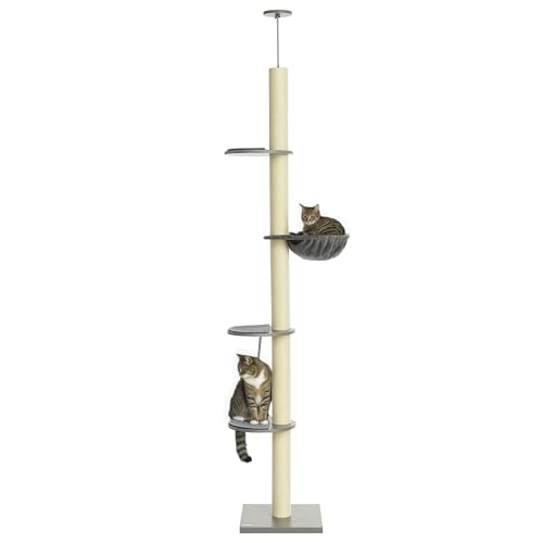 PawHut Kratzbaum, Katzenkratzbaum Deckenhoch, 230-250 cm, Kletterbaum mit Hängematte, Katzenbaum Höhenverstellbar, Spielbaum mit Kippschutz,...