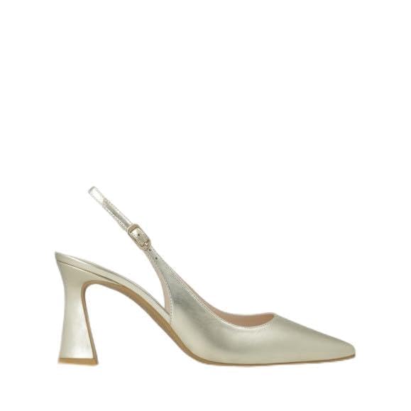 Lodi Zapatos de Salón para Mujer. Diseño Sencillo y Elegante. Destalonados en Piel Metalizada. Tacón Geométrico de 7.5 cm. Cierre con Hebilla Metálica. Punta Afilada. Serie RISEDIS. Fabricado en ESPA