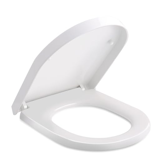 Himimi Tapa WC Universal, Asiento de Inodoro en Forma de D, Tapas de Water Cierre Suave Lento, Bisagras Ajustables, Desmontaje Rápido, Tapadera WC Universal, Fácil de Limpiar(450 x 361 x 53 mm)