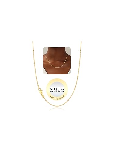 IEFWELL 14K-Real-Gold-Plated S925 Sterling Silver Chain Necklace for Women - 1.5mm Satellite Bead Chains Necklace Hypoallergenic Dainty Womens Chain Necklaces 18 Inches Jewelry Valentines Gifts