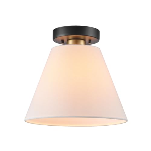 Globe Electric 1-Light Semi-Flush Mount Ceiling Light, Matte Black with Matte Brass Accent, White Linen Shade, Dimmable, E26 Base, Transitional Style, 66000137
