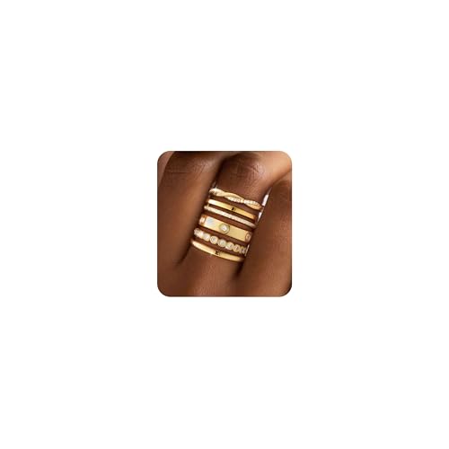 RLMOON Stackable Gold Rings for Women Non Tarnish Dainty 14K Gold/Silver Plated Stacking Thumb Rings Cubic Zirconia Eternity Wedding Band Rings Gold Jewelry Size 6-10