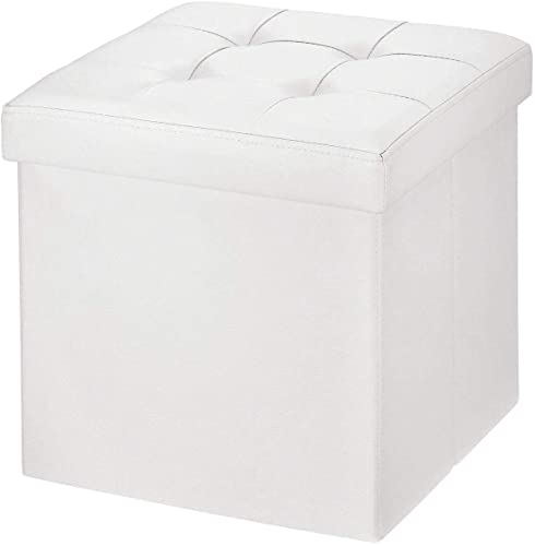 Puff de Salón Moderno en Polipiel - Tipo Otomano en Forma de Cubo - Función Reposapiés Individual - Almacenamiento con Tapa Acolchada (White)