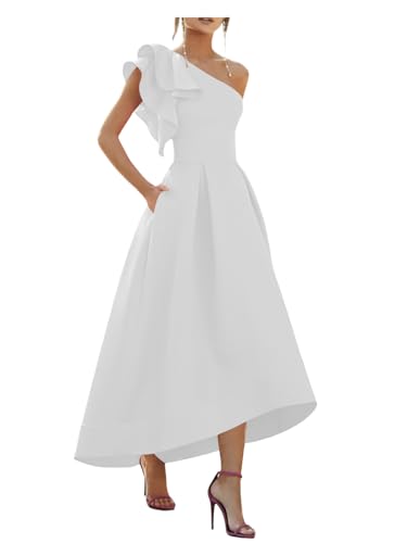 Modest Satin Homecoming Dresses for Teens 2025 A Line Ruffle One Shoulder Formal Wedding Guest Dress for Women