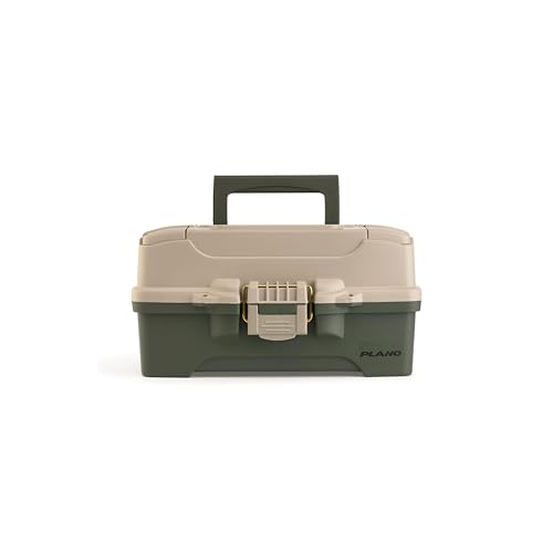 Image of Plano One-Tray Tackle Box, Green /Tan, Rust-Proof Brass Latch, Top-Access Tray with Deep Storage, Made in the USA, Portable Fishing Gear Storage Organizer