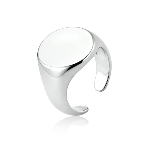 ALEXCRAFT Anillo Ancho Mujer Hombres Plata 925, Anillos de Sello Redondo, Anillo Abierto Ajustable, Grueso, Hipoalergénico, Grueso, Acero, Anillos Amistad Modo, Regalos de Joyería