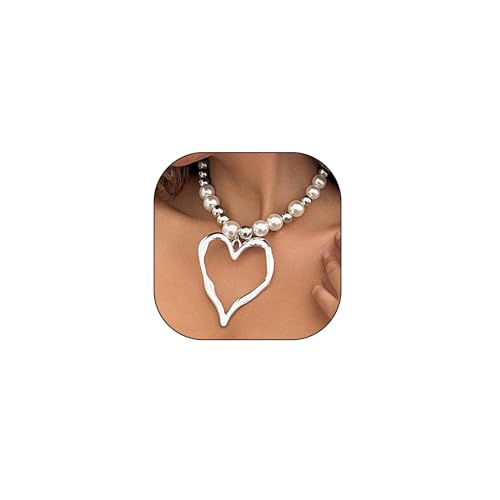 Y2k Chunky Heart Necklaces for Women Silver Large Heart Pendant Pearl Beaded Necklace Love Statement Choker Necklace Heart Jewelry Accessories Gift