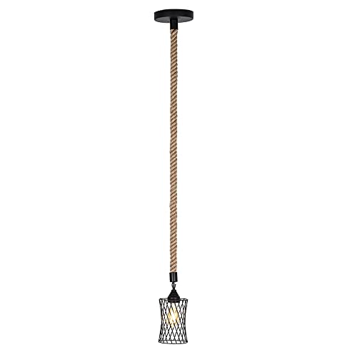 Lampe de suspension industrielle rétro avec corde de chanvre tressée et finitions en fer forgé