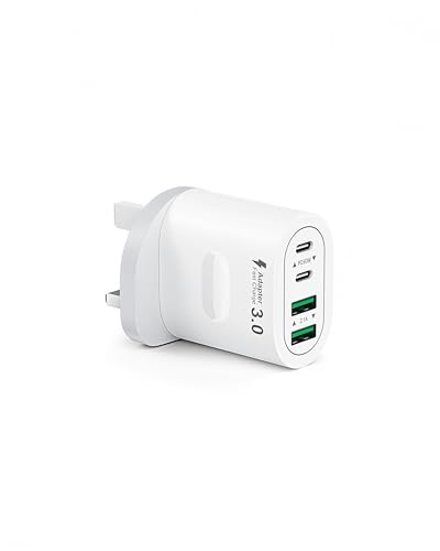 USB C Plug Fast Charge 60W 4-Port Multi USB Plug UK Dual Port PD Power Adapter (5V/3A 9V/3A 12V/2.5A)+QC Mains Wall Charger Type C Fast Charging for iPhone 16/15/14/13/12 Pro Max Samsung iPad