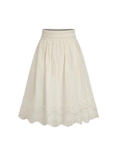 CIDER Lace Skirt Midi Skirt Floral Women Elastic Mid Waist Lined Lettuce Trim Hem Cotton Skirts