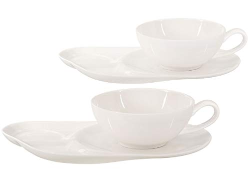 Buchensee - Conjunto de chávenas de chá de porcelana chinesa 2 chávenas de 200 ml pratos com superfície prática em cor branca cremosa fina