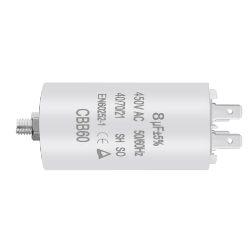 OFFCUP CBB60 Condensatore di Avviamento 8μF, 450VAC Condensatore Motore Elettrico, 50/60Hz Universale con Bandiere e Vite di Fissaggio per Pompe, Compressori, Lavatrici, Macchine ad Aria