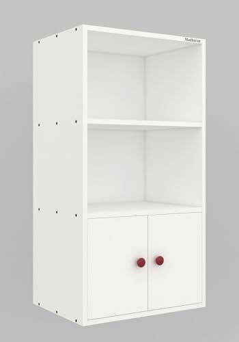 Image of Madhuran Rico Engineered Wood Free Standing Almirah 2 Door Bookcase Organizer (21x11x40 Inches White) Home Bedroom Living Room Office Cabinets Wardrobe Kitchen Clothes Storage