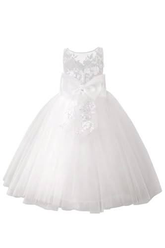 Pearls Applique Tulle Flower Girl Dress for Wedding Floor Length Kids Princess Pageant Dress Lace Bow Proms Ball Gown