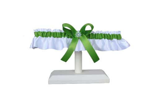 ''HANDMADE'' Kiwi Green and white satin garter for wedding or prom Keepsake or toss garter