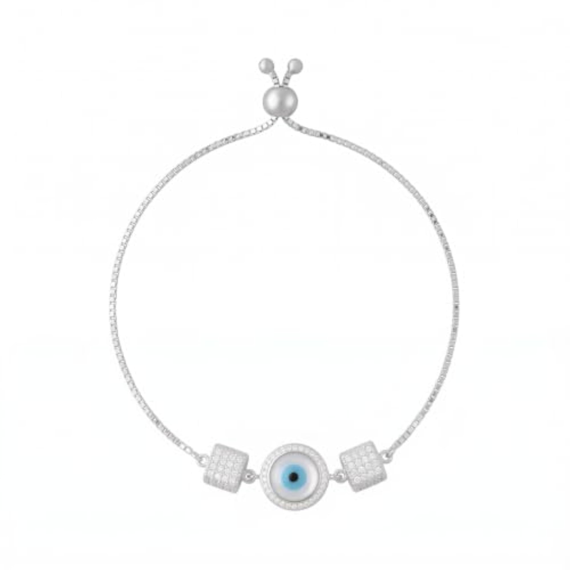 Women's 925 Sterling Silver Square Diamond Box Evil Eye Adjustable Bracelet