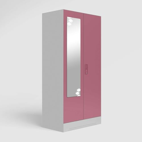 Image of Interio by Godrej Almirah Slimline 2-Door Steel Almirah, Cupboard for Clothes (Royal Ivory and Dusty Rose), 1-Year Warranty, 4 Shelves, 1 Drawer, 1 Locker, Star Design Mirror