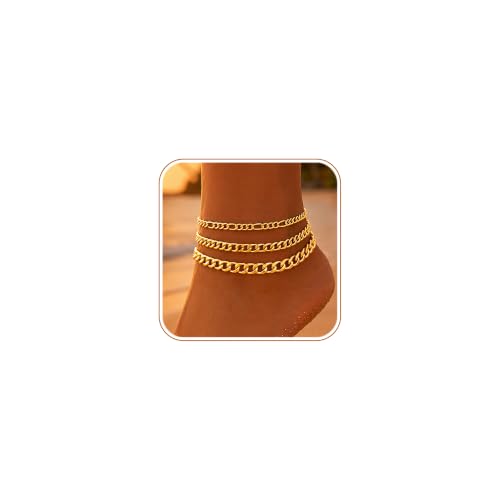 Image of iF YOU Gold Ankle Bracelets for Women, 14k Gold Plated Waterproof Cuban Link Chain Anklets Set, Layered Anklet Bracelets for Women Beach Gift Adjustable Size 5pcs