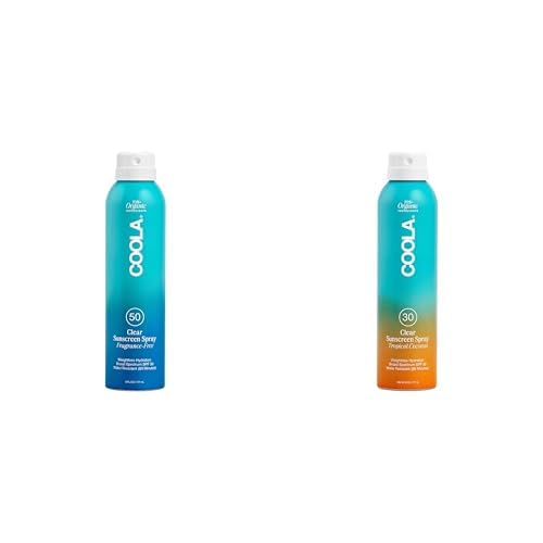 COOLA Organic Sunscreen Bundle - SPF 50 Fragrance Free & SPF 30 Tropical Coconut Sunblock Spray, Dermatologist Tested, Vegan, 6 Fl Oz Each