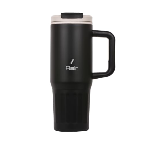 Image of FLAIR Vogue Vacuum Insulated Stainless Steel 750 ml Tumbler with Handle | 2-in-1 Lid with Flip Straw & Sip Spout -Black | Hot & Cold Beverage Mug | Leak Resistant